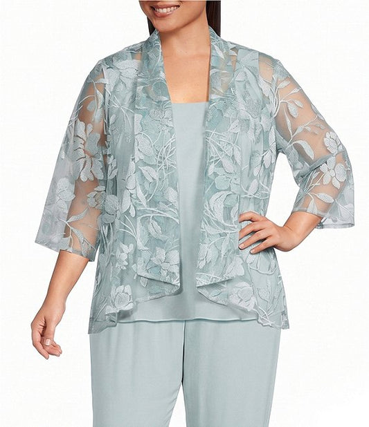 Wholesale Three-Quarter Sleeve Sleeve Embroidered Twinset with Solid Scoop Neck Chiffon Tank and Fo Alex Evenings 84171963