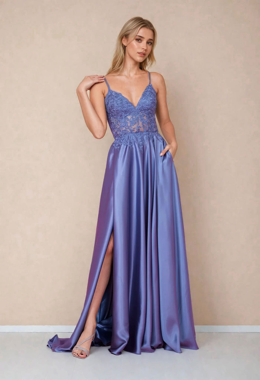 Floor Length Chiffon Lace Illusion Formal Prom Dress