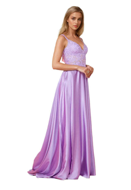 Dylan and Davids Full-Length Chiffon Lace Illusion Formal Gown Prom Dress - LILAC -  FRONT 