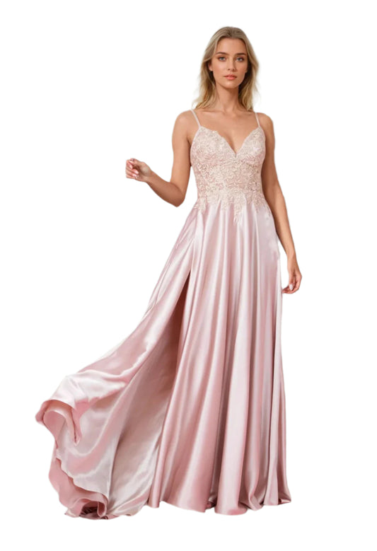 Dylan and Davids Full-Length Chiffon Lace Illusion Formal Gown Prom Dress - CHAMPAGNE - FRONT 