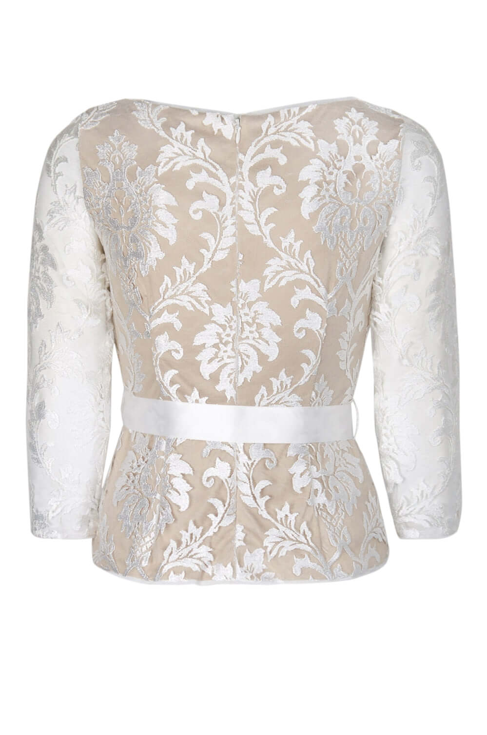 Adrianna Papell Boat Neck 3/4 Sleeve Tie Waist Floral Embroidered Mesh Blouse - IVORY NUDE - Back