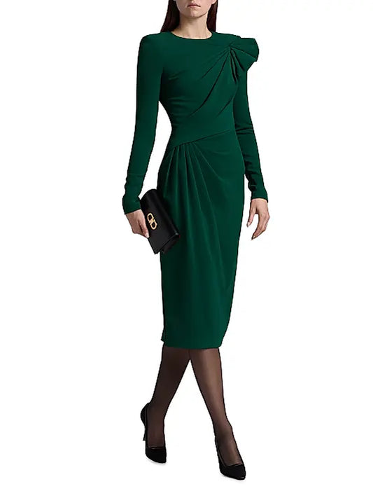 Dark Emerald Crew Neck Midi Jersey Cocktail Dress Ruched Detail Badgley Mischka SC4457