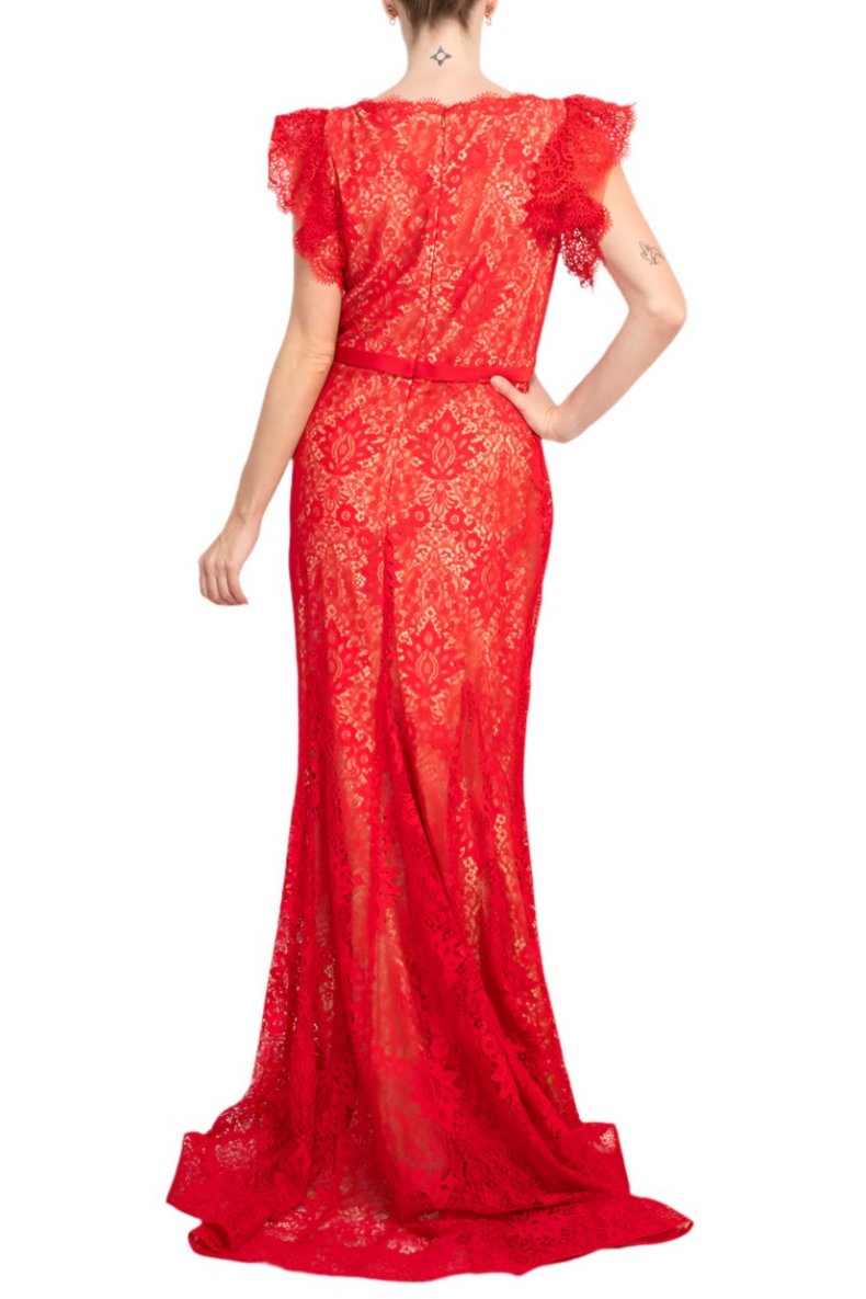 Jovani Lace With A V-Neckline Sheath Gown - RED - BACK 