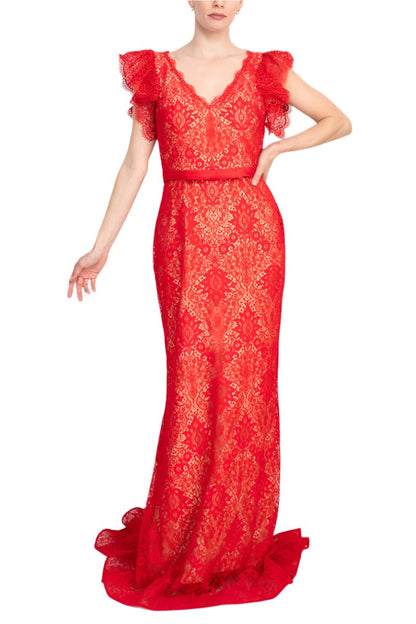 Jovani Lace With A V-Neckline Sheath Gown - RED - FRONT