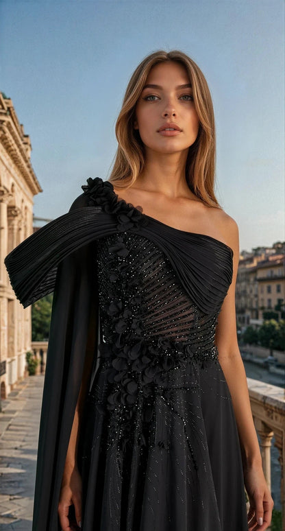 KOS Couture Black Sculpted Shoulder Evening Gown