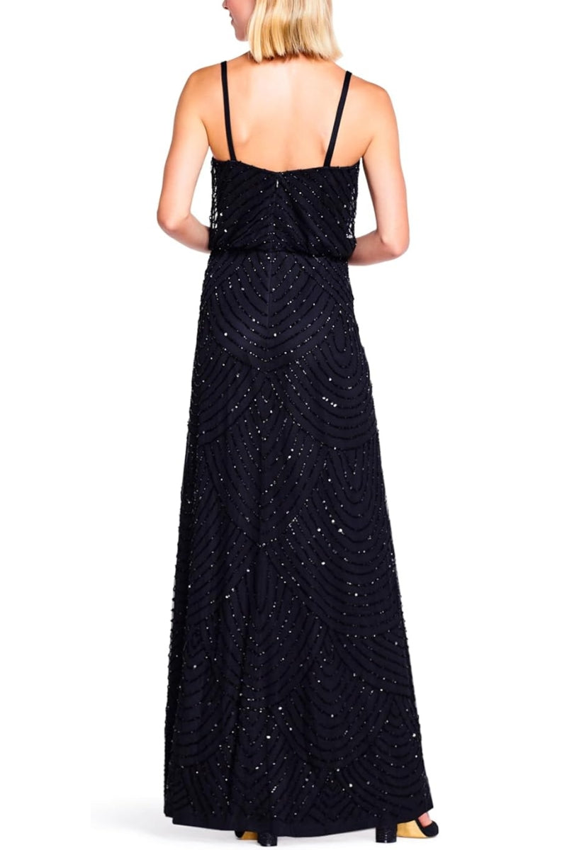 Adrianna Papell Spaghetti Strap V-Neck Blouson Zipper Back Embellished Mesh Dress