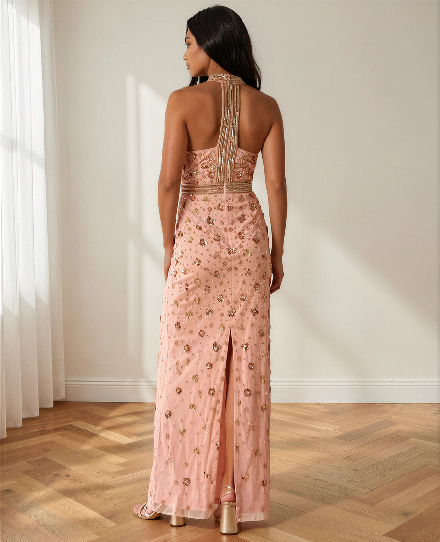 Beaded Plunge Halter Dress Adrianna Papell AP1E212713