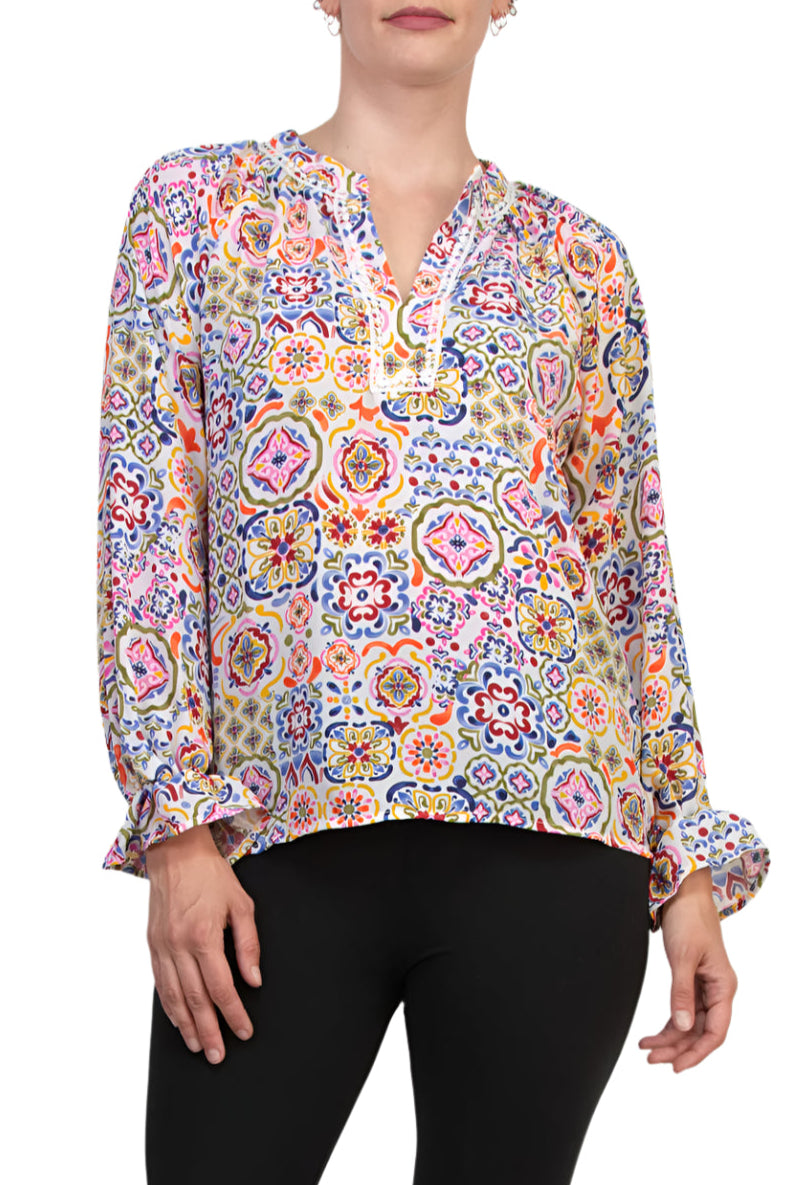 Grace Bohemian Intricate Tile Detail Crochet Trim Edges V-Neckline Elastic Cuffs Top Blouse Dress - WHITE MULTI - Front View