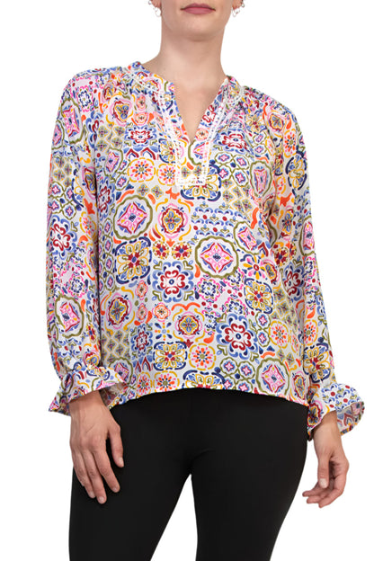 Grace Bohemian Intricate Tile Detail Crochet Trim Edges V-Neckline Elastic Cuffs Top Blouse Dress - WHITE MULTI - Front View