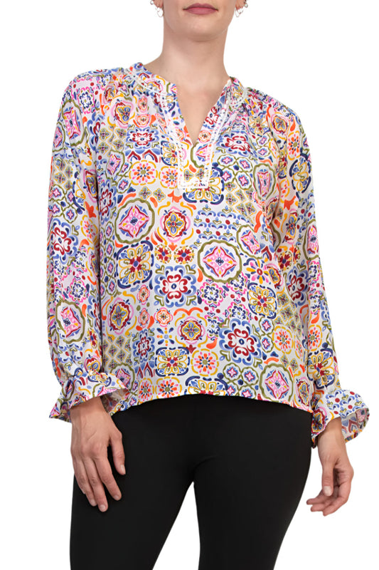 Grace Bohemian Intricate Tile Detail Crochet Trim Edges V-Neckline Elastic Cuffs Top Blouse Dress - WHITE MULTI - Front View