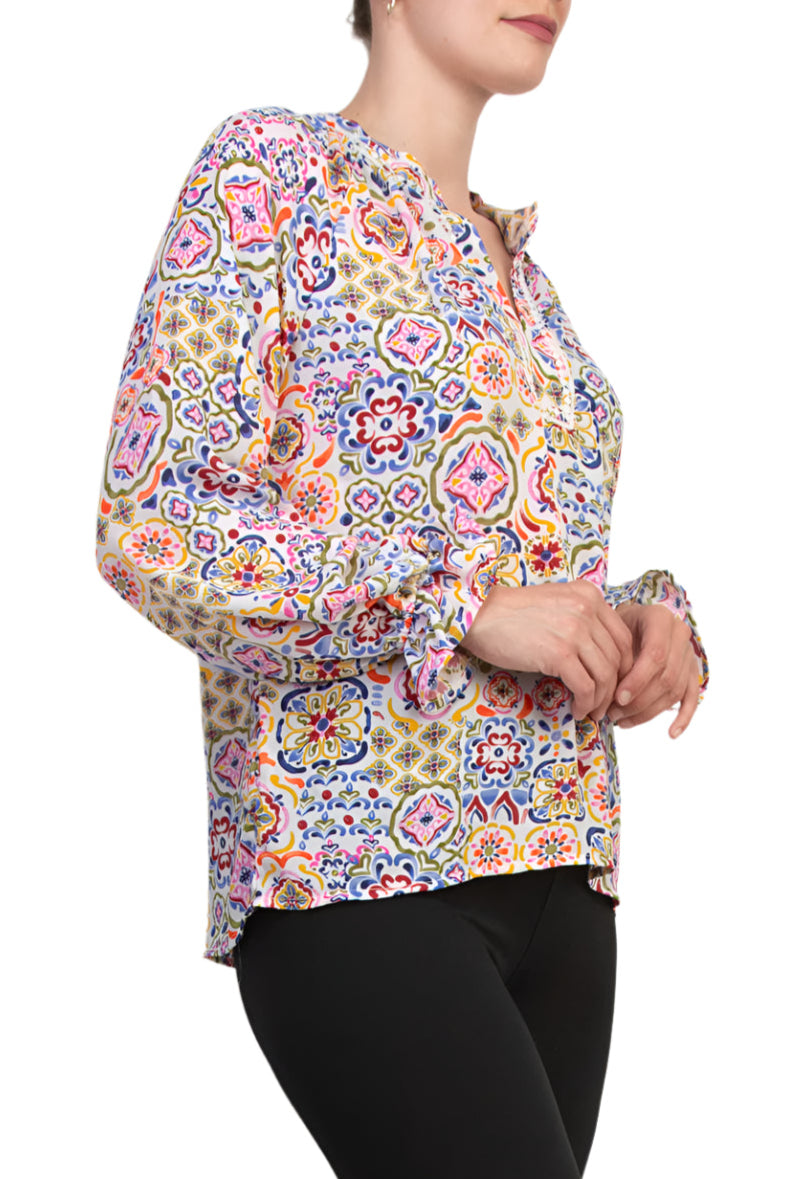 Grace Bohemian Intricate Tile Detail Crochet Trim Edges V-Neckline Elastic Cuffs Top Blouse Dress - WHITE MULTI - Side