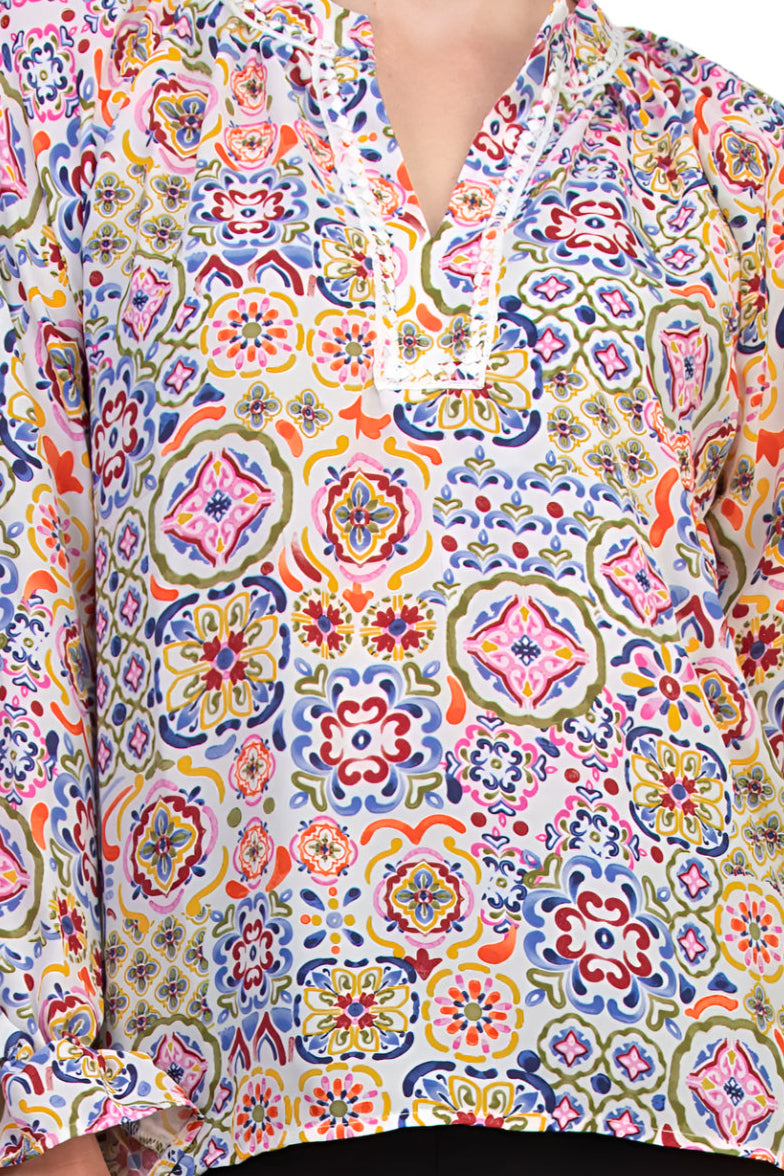 Grace Bohemian Intricate Tile Detail Crochet Trim Edges V-Neckline Elastic Cuffs Top Blouse Dress - WHITE MULTI - Fabric