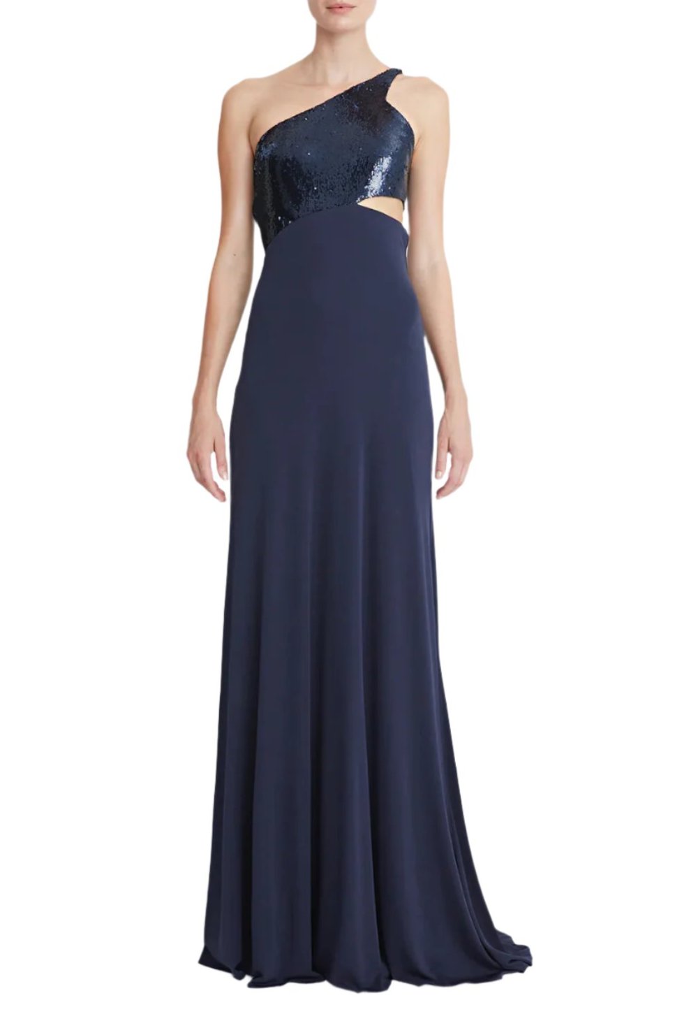 Halston One Shoulder Sleeveless Zipper Closure Cut Out Waist Matte Jersey Gown With Sequined Bodice - NAVY - FRONT