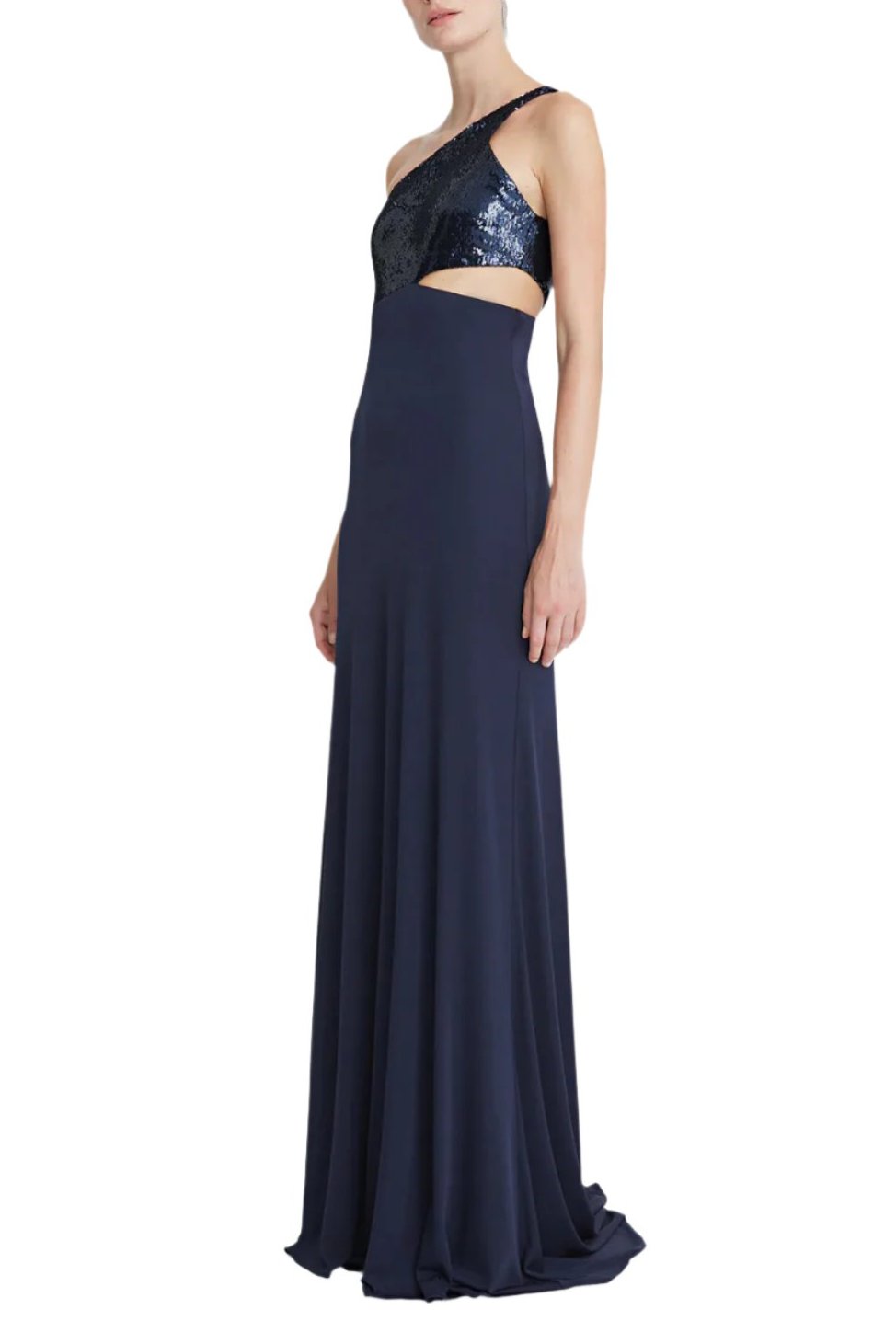 Halston One Shoulder Sleeveless Zipper Closure Cut Out Waist Matte Jersey Gown With Sequined Bodice - NAVY - SIDE