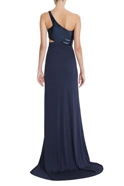 Halston One Shoulder Sleeveless Zipper Closure Cut Out Waist Matte Jersey Gown With Sequined Bodice - NAVY - BACK