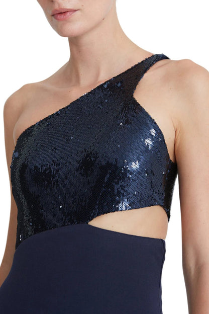 Halston One Shoulder Sleeveless Zipper Closure Cut Out Waist Matte Jersey Gown With Sequined Bodice - NAVY - NECK VIEW