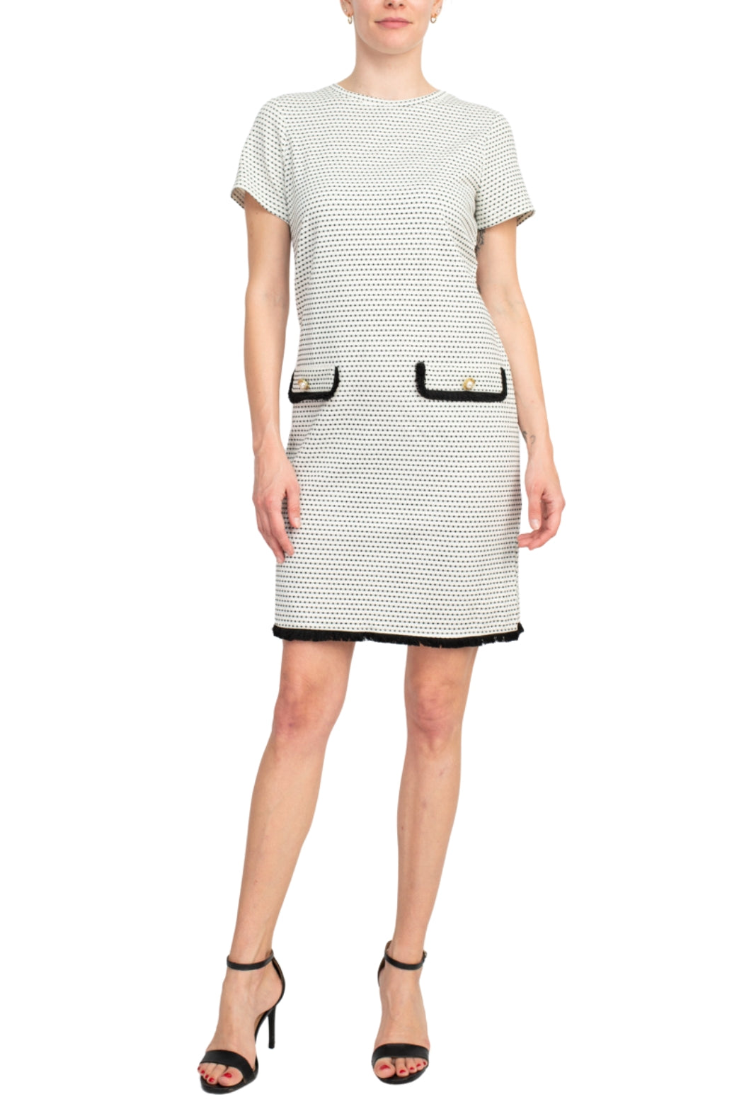 Emma & MIchele Pocket Stretch Crew Neck Shift Dress - Wholesale - BLACK WHITE - Front full view