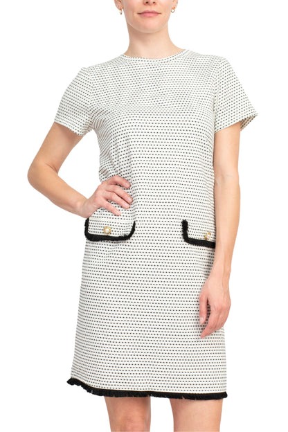 Emma & MIchele Pocket Stretch Crew Neck Shift Dress - Wholesale - BLACK WHITE - Front 