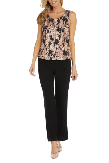 R&M Richards Detach Neckline Twinset Foil Jacquard Print On Crinkle Fabric Matte Chiffon Metallic Patterned Pant Set (Petite) - BLACK ROSE GOLD - Without Jacket Front View