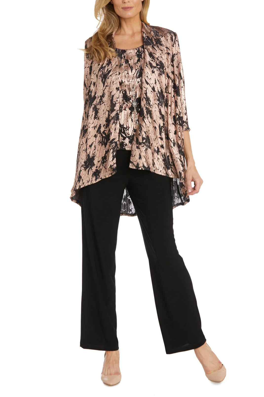 R&M Richards Detach Neckline Twinset Foil Jacquard Print On Crinkle Fabric Matte Chiffon Metallic Patterned Pant Set (Petite) - BLACK ROSE GOLD - Front