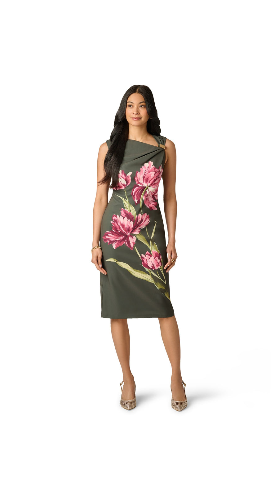 Adrianna Papell Asymmetrical Floral Print Stretch Crepe Midi Dress 106618 Wholesale