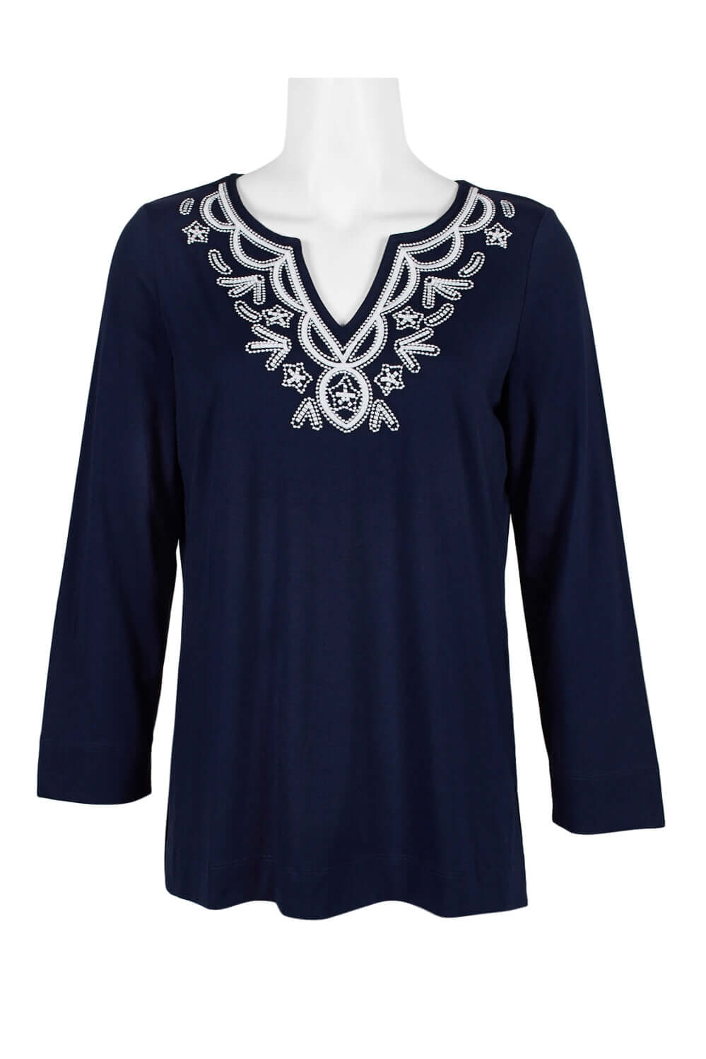 Evan Picone Embellished V-Neck Long Sleeve Solid Cotton Top - NAVY - Front