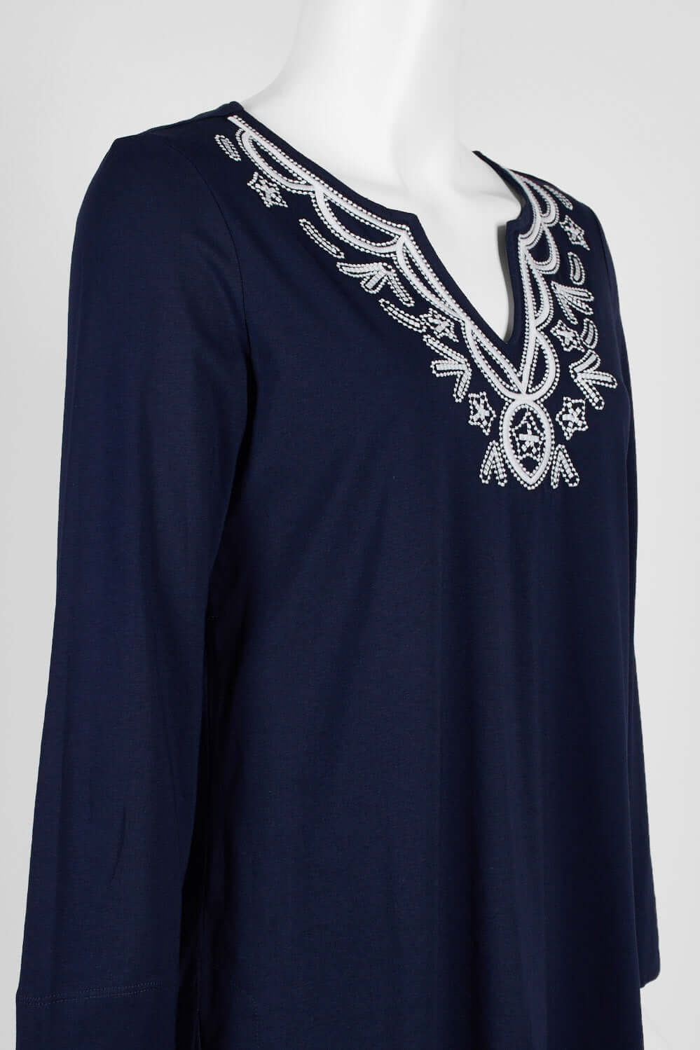 Evan Picone Embellished V-Neck Long Sleeve Solid Cotton Top - NAVY - Side