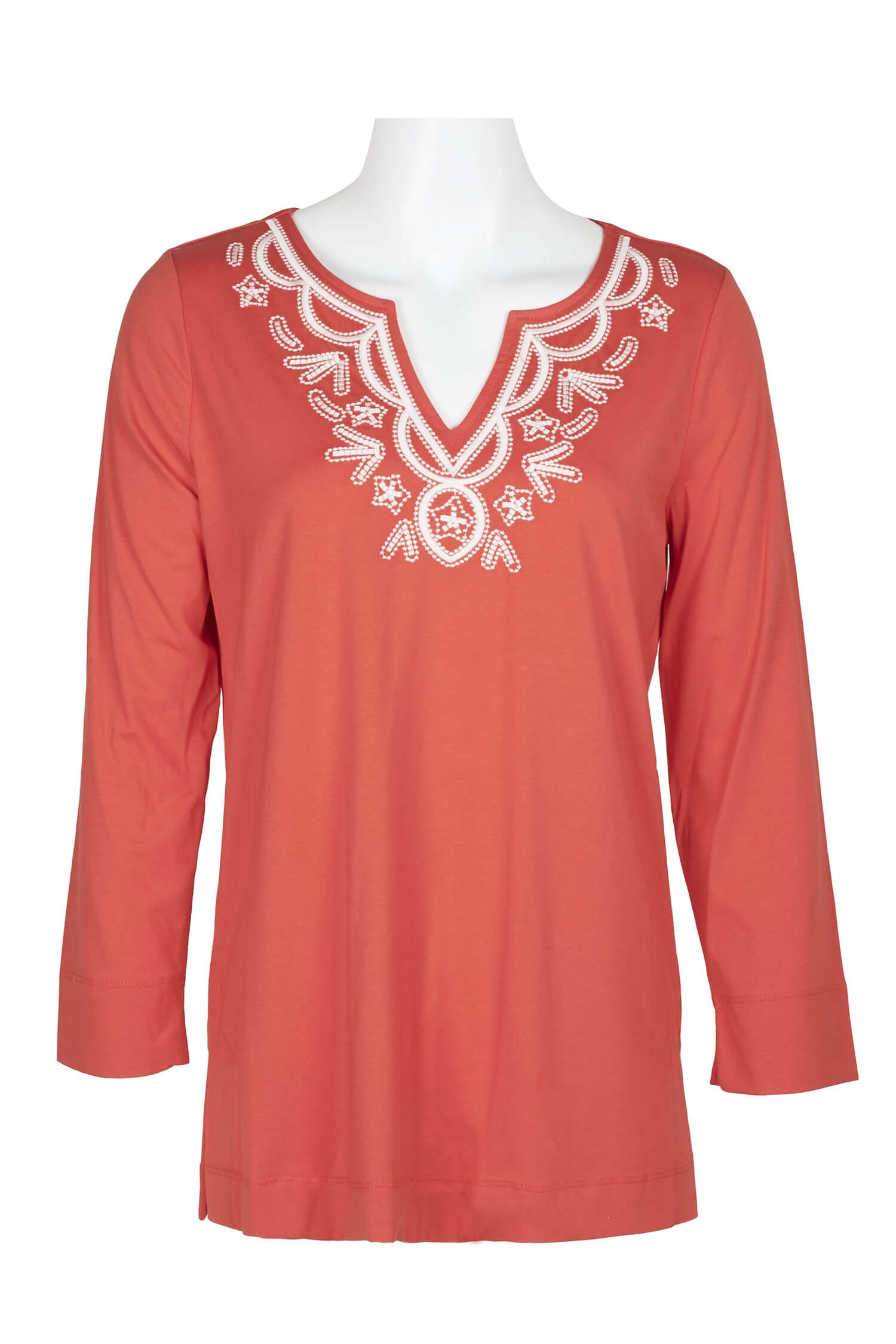 Evan Picone Embellished V-Neck Long Sleeve Solid Cotton Top - VALENCIA - Front