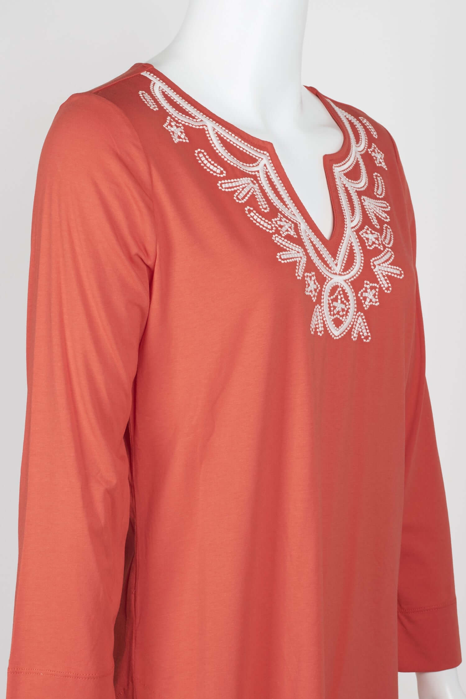 Evan Picone Embellished V-Neck Long Sleeve Solid Cotton Top - VALENCIA - Side