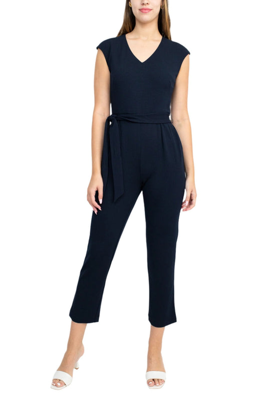 Nine West V-Neck Cap Sleeve Tie Waist Zipper Back Solid Crepe Jumpsuit with Pockets - NAVY - Front