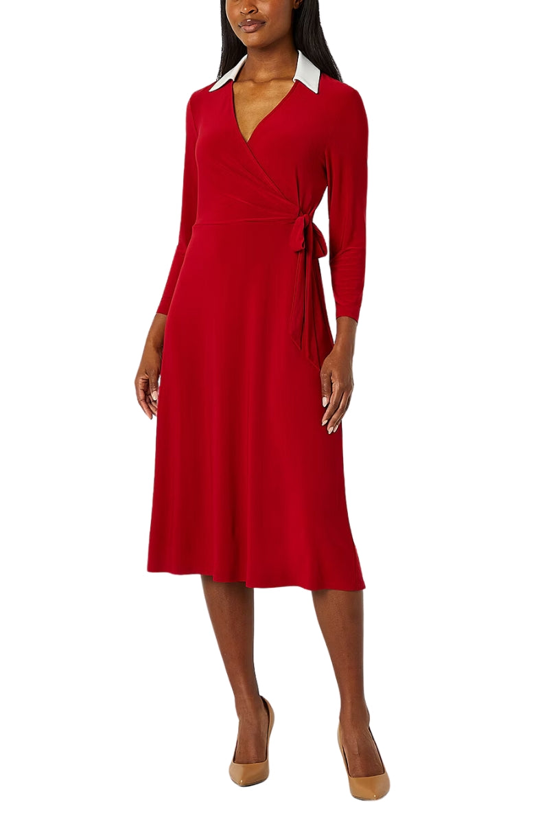 Evan Picone Women's 3/4 Sleeve Midi Wrap Dress - CRIMSON CREAM - Front