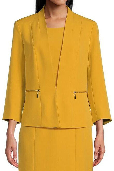 Kasper Stretch Crepe Zip Pocket Coordinating Cardigan Jacket - BUTTERSCOTCH - Front