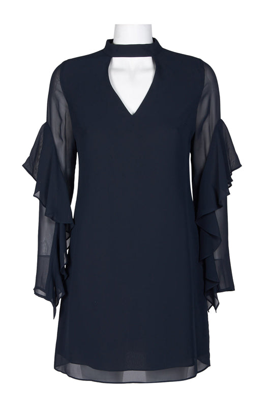 Sam Edelman High Neck Cutout Front Flutter Long Sleeve Zipper Back Solid Chiffon Dress - NAVY - Front