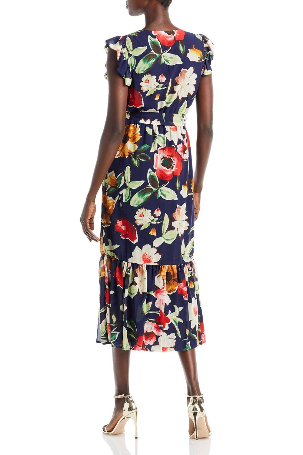 Sam Edelman V-neck Flutter Sleeve Tie Waist Floral Print Ruffle Trim Picasso Dress - NAVY MULTI - Back