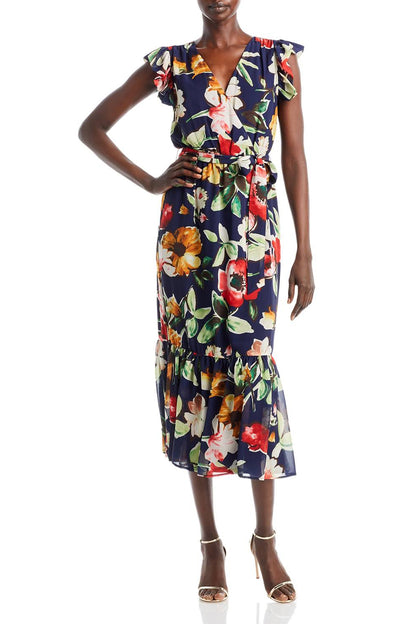 Sam Edelman V-neck Flutter Sleeve Tie Waist Floral Print Ruffle Trim Picasso Dress - NAVY MULTI - Front