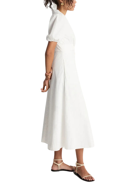 Hutch Laurel White Collared V-Neckline Back Zipper Gathered Cuff Short Sleeves Button-Down Skirt Midi Dress