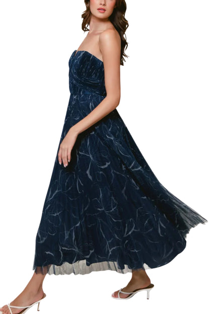 Hutch Corene Mesh Allover Pleats Strapless Zipper Closure Sculpted Notched Bodice Empire Waistline Fit-and-Flare Accordion Skirt Maxi Gown Dress