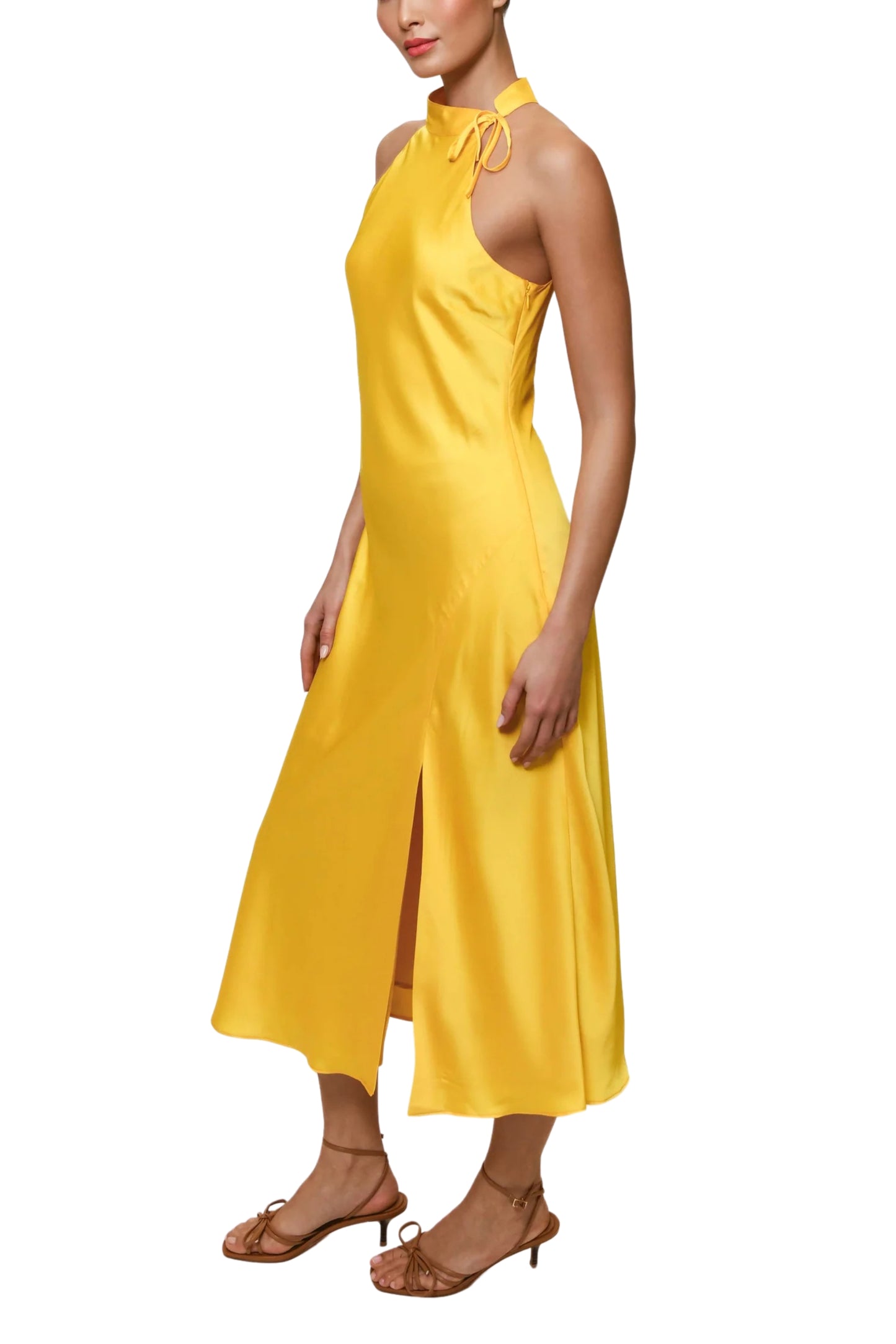 Hutch Tie Detail Neckline Sleeveless Fit Bodice Side Zipper Thigh-High Slit Sheath Silhouette Mari Maxi Dress