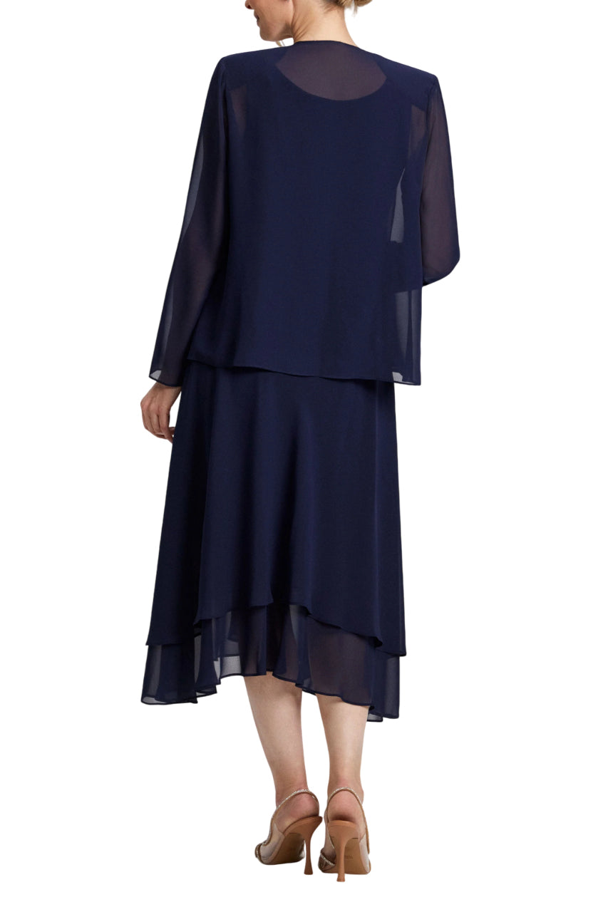 Sl Fashion Beaded Trim Chiffon Dress Jacket Set - NAVY - Back