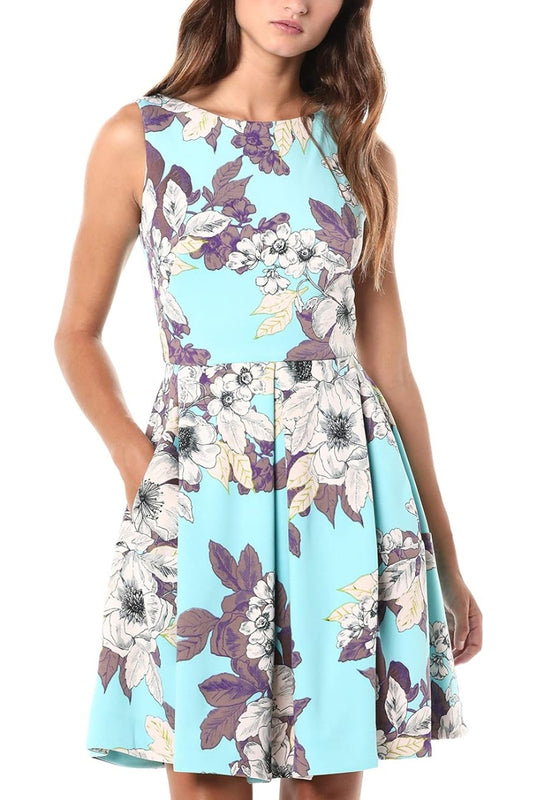 Taylor Boat Neck Sleeveless Box Pleat A-Line Zipper Back Floral Print Scuba Dress