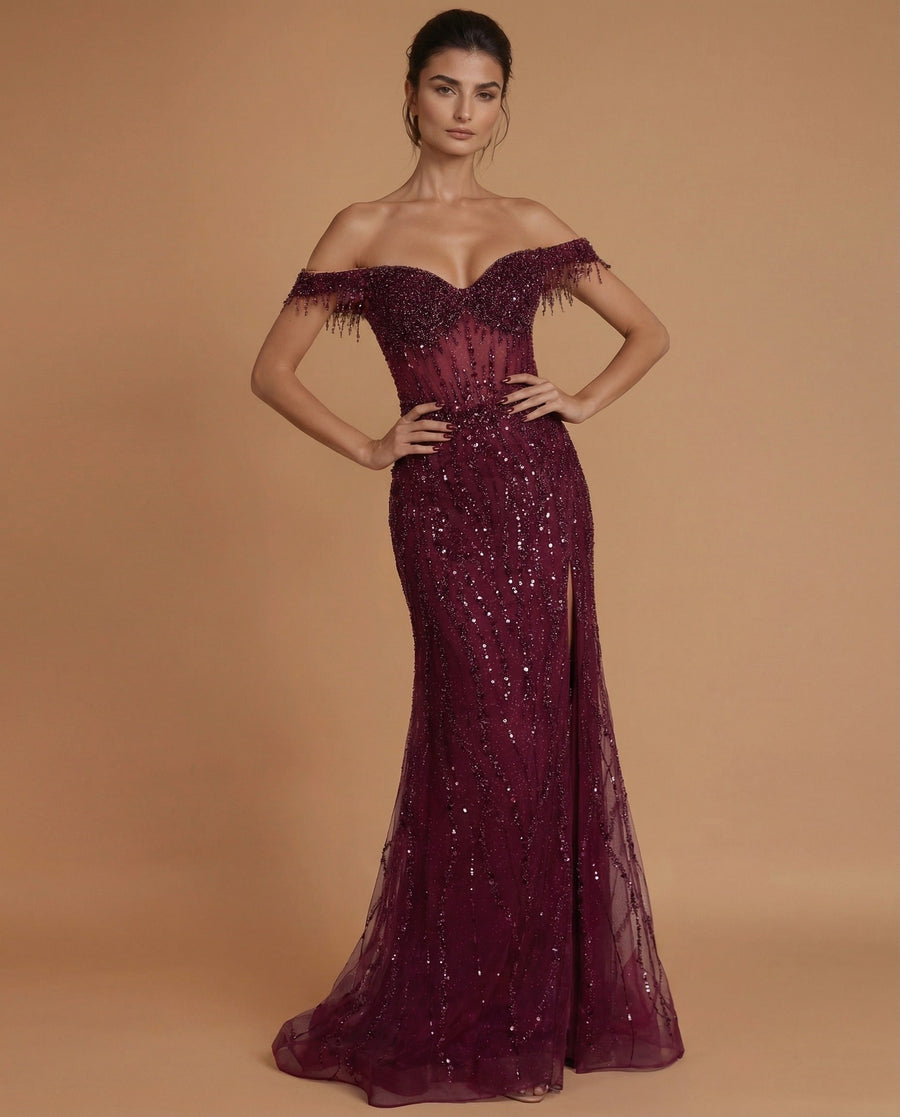 Tailored Off Shoulder Sequin Prom Formal Dress