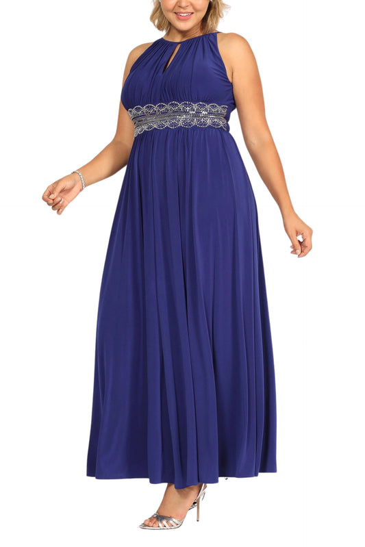 R&M Richards Empire Bodice Halter Keyhole Neckline Sleeveless Cinched Embellished Sequin Beads Waist Maxi Gown Dress - ROYAL - Front
