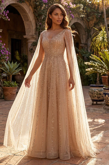 Cape Sleeve Heavy Beaded Couture Formal Dress