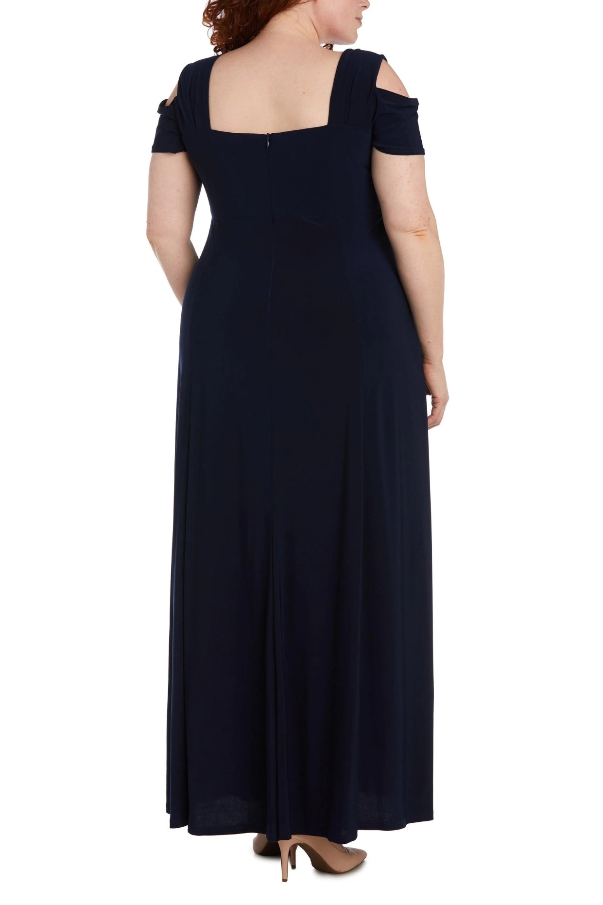 R&M Richards Rhinestone Trim Short Cold Shoulder Sleeve Thigh High Slit Sweetheart Neck Matte Jersey Gown (Plus Size) - NAVY - BACK 