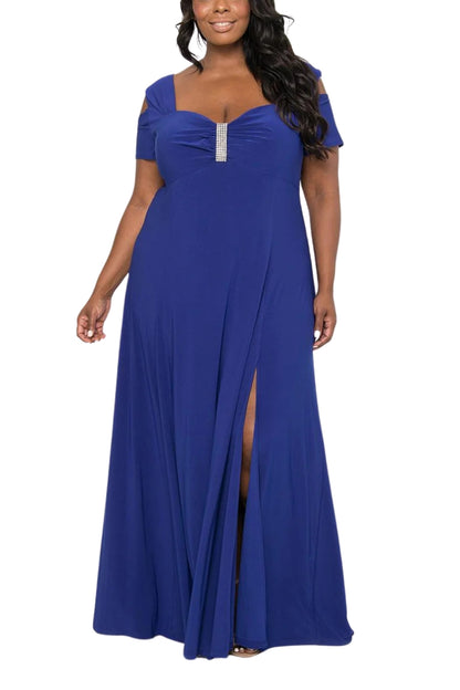 R&M Richards Rhinestone Trim Short Cold Shoulder Sleeve Thigh High Slit Sweetheart Neck Matte Jersey Gown (Plus Size) - ELECTRIC BLUE - FRONT