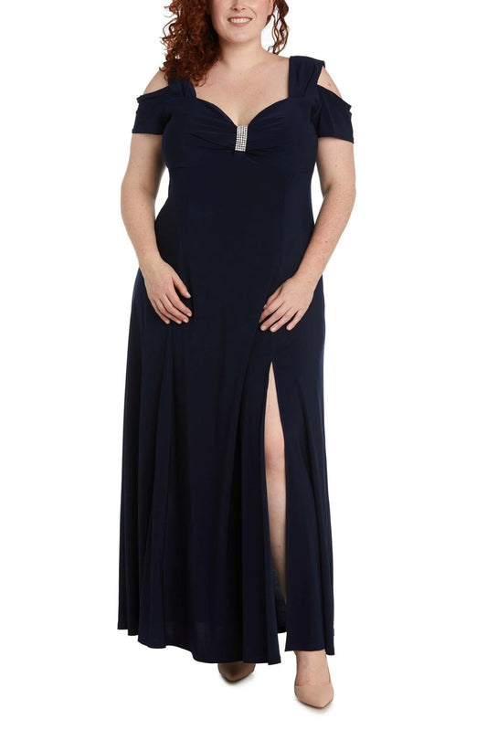 R&M Richards Rhinestone Trim Short Cold Shoulder Sleeve Thigh High Slit Sweetheart Neck Matte Jersey Gown (Plus Size) - NAVY - FRONT