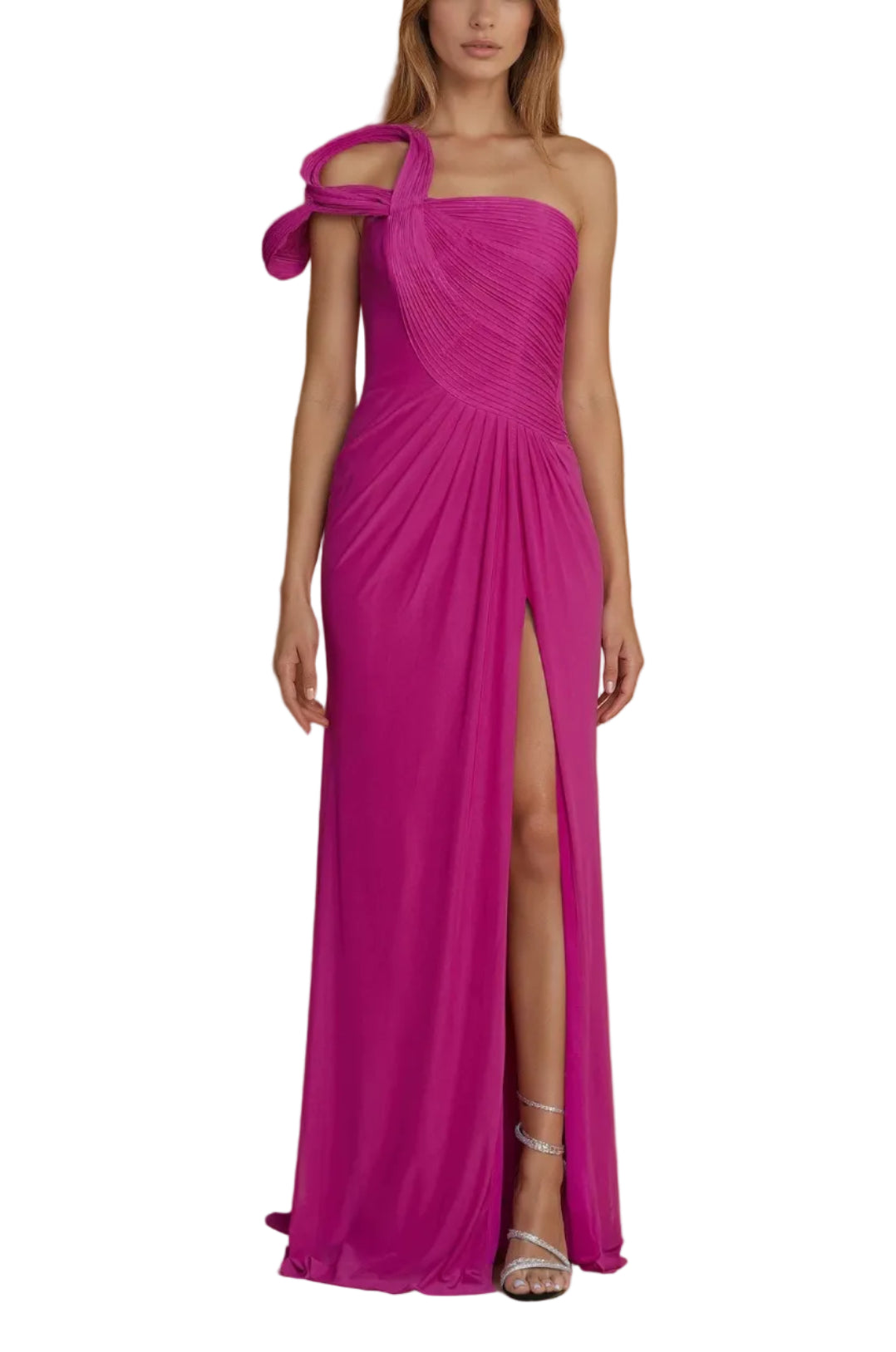 Woman wearing a vibrant pink one-shoulder gown with a slit on a beige background