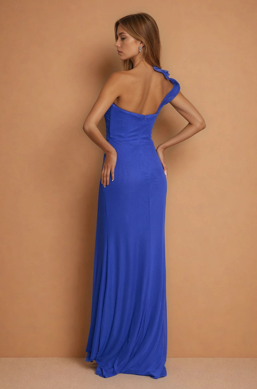 Sculpted Shoulder Evening Evening Navy Blue Dress