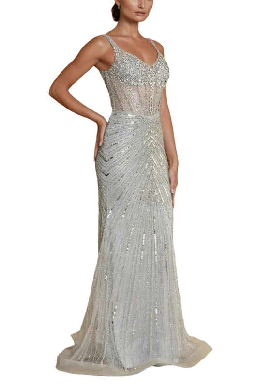 Formal Dresses Hand Beaded Long Formal Full Sequince Couture Dress Charcoal