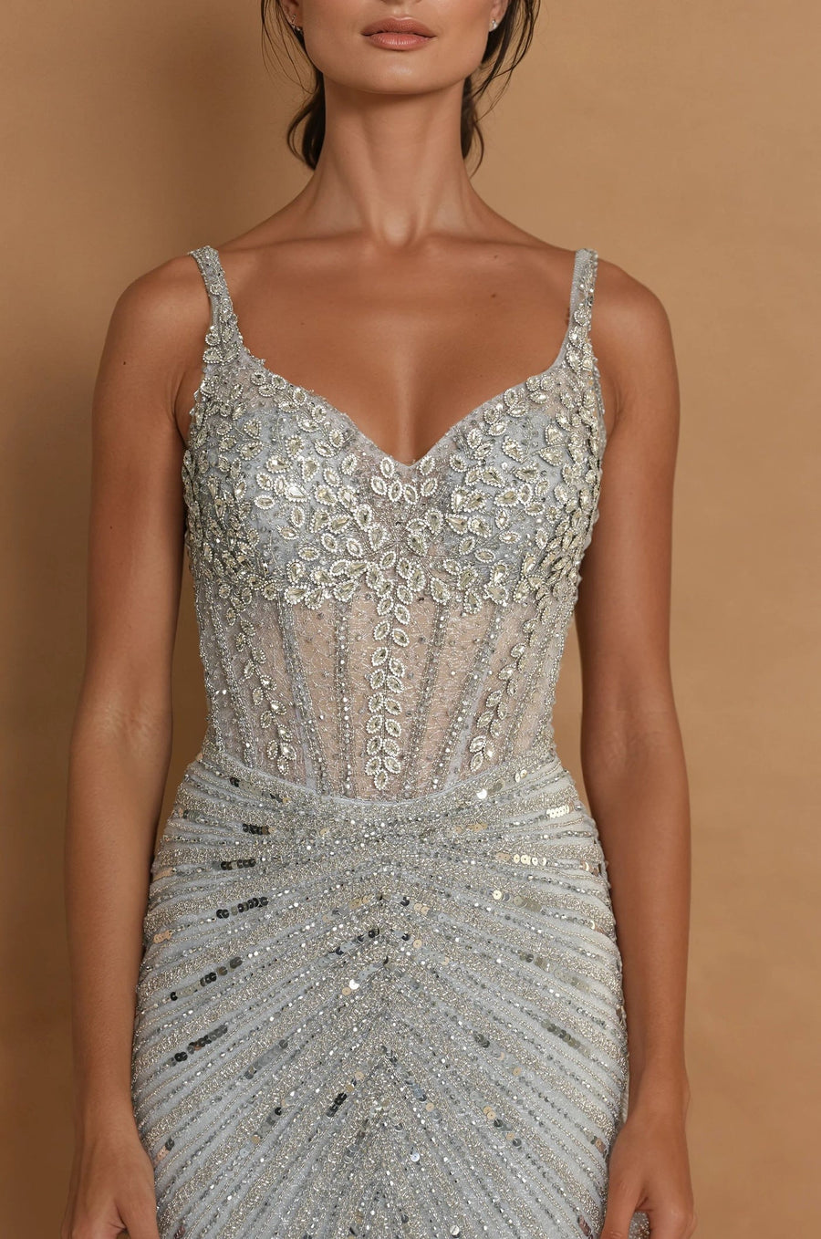 Formal Dresses Hand Beaded Long Formal Full Sequince Couture Dress Charcoal